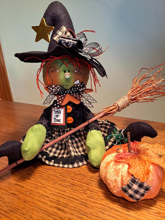 Small Trick or Treat Witch, FINISHED DOLL, Halloween Decor, Raggedy, Handmade, Gift Item, My Darlin Dolls, Shelf Sitter